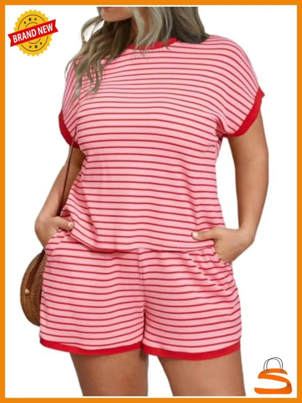Plus Size Lounge Set 2 Piece Stripe Short Sleeve Top Shorts Summer Casual